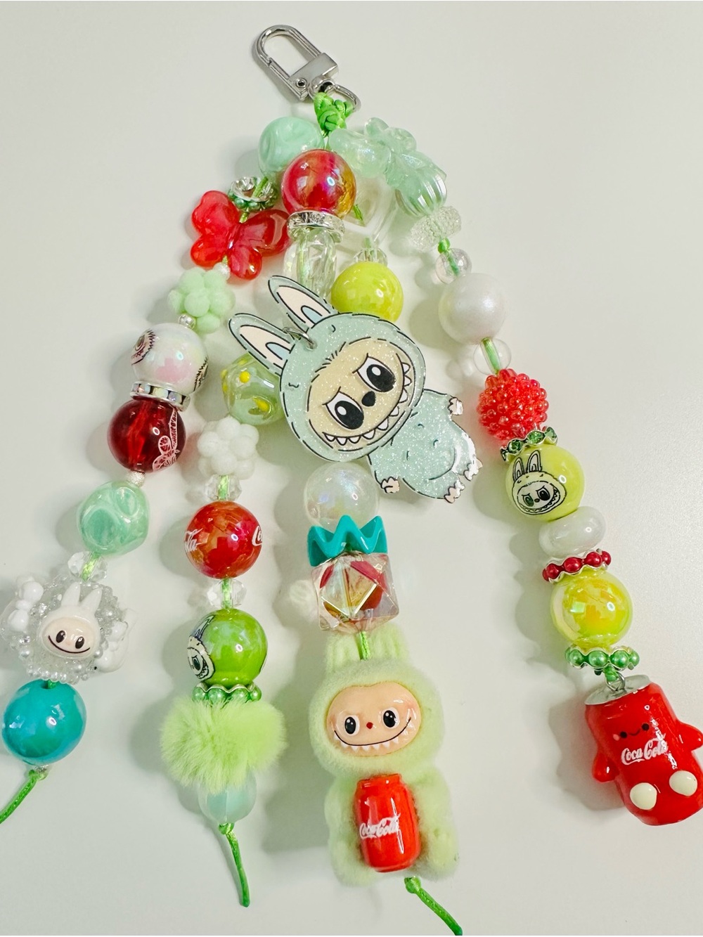 Coca Cola Beaded Bubu Keychain - backpack charm Lime Green, Red, Yellow, White